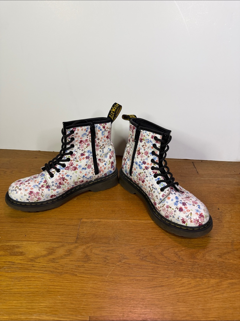 Dr. Martens Kids Delaney White Floral Lace-Up Combat Boots with Black Trim